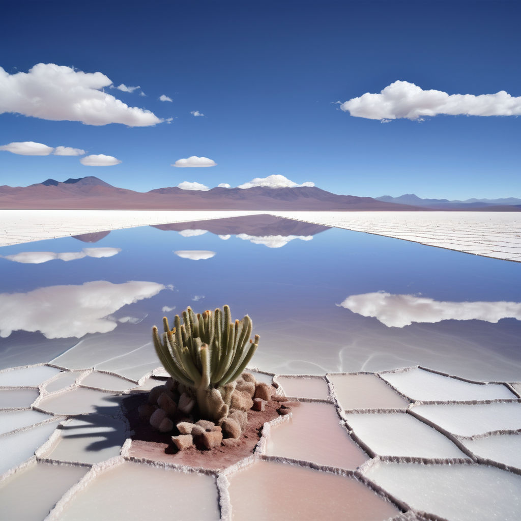 Bolivia featuring the Uyuni Salt Flats. Show the expansive, reflective salt flats stretching to the horizon with a clear blue sky above. Include the stunning mirror effect, a few scattered cacti, and a distant view of the Andes mountains to capture the surreal and natural beauty of this landmark.