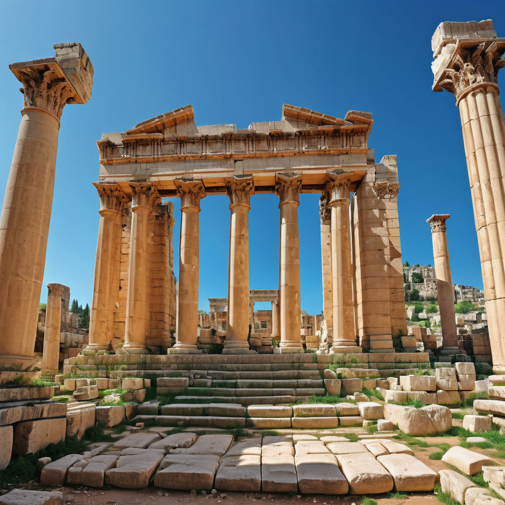 Lebanon featuring the ancient ruins of Baalbek. Show the grand Roman temple complex with its towering columns and intricate stone carvings, set against a clear blue sky. Include the surrounding archaeological site to capture the historical and cultural significance of this landmark.