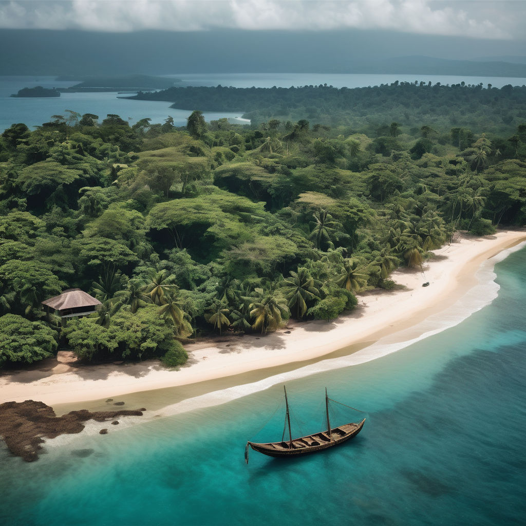 Sierra Leone featuring the stunning Banana Islands. Capture the pristine beaches with white sand and turquoise waters, surrounded by lush tropical vegetation. Include some traditional wooden boats and a few locals enjoying the serene setting to highlight the natural beauty and tranquil atmosphere of this landmark.
