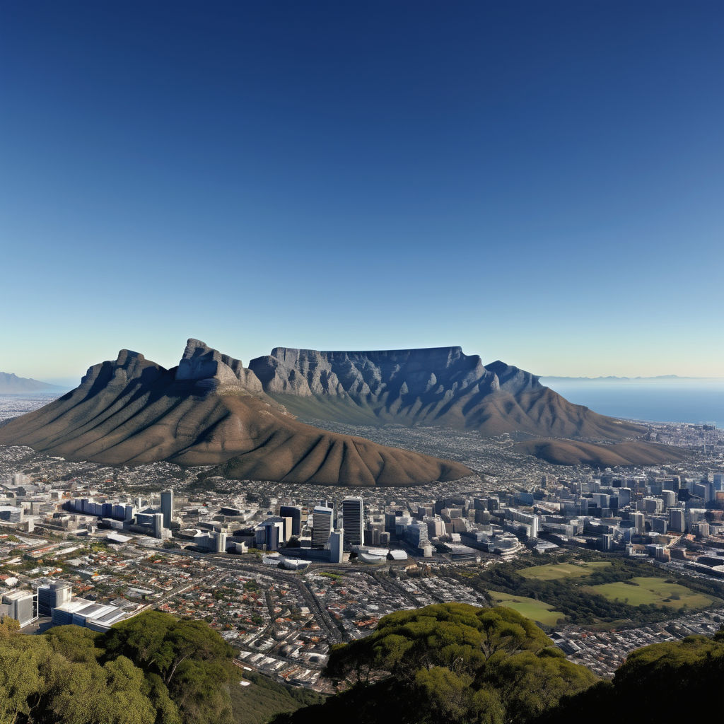 South Africa featuring Table Mountain. The image should show the flat-topped mountain with its iconic silhouette, set against a clear blue sky. Include the city of Cape Town at the base of the mountain and some greenery to capture the natural beauty and significance of this landmark.