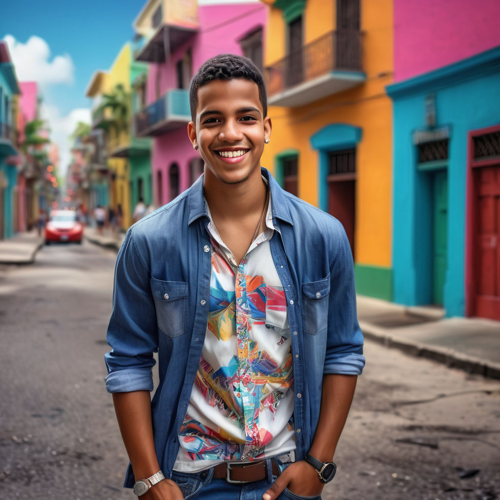 a young Dominican man in his mid-20s. He has short, dark hair and a friendly smile. His outfit reflects modern Dominican fashion: he is wearing a casual, colorful button-up shirt paired with jeans and stylish sneakers. The background features a lively Dominican street with vibrant buildings and a festive atmosphere, capturing the essence of Dominican culture and style.