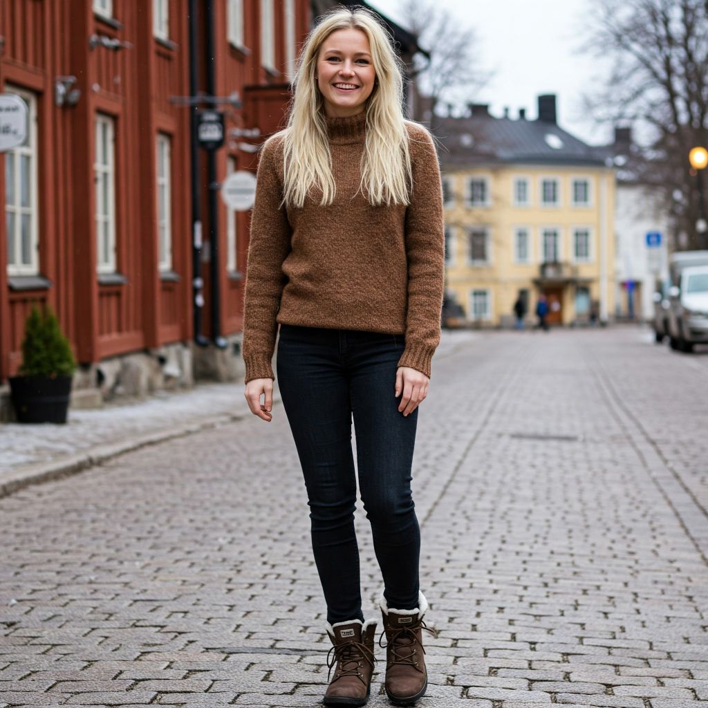 a young Finnish woman in her mid-20s. She has long, blonde hair and a bright smile. Her outfit reflects modern Finnish fashion: she is wearing a cozy, fitted wool sweater paired with skinny jeans and winter boots. The background features a picturesque Finnish street with historic buildings and a cozy atmosphere, capturing the essence of Finnish culture and style.