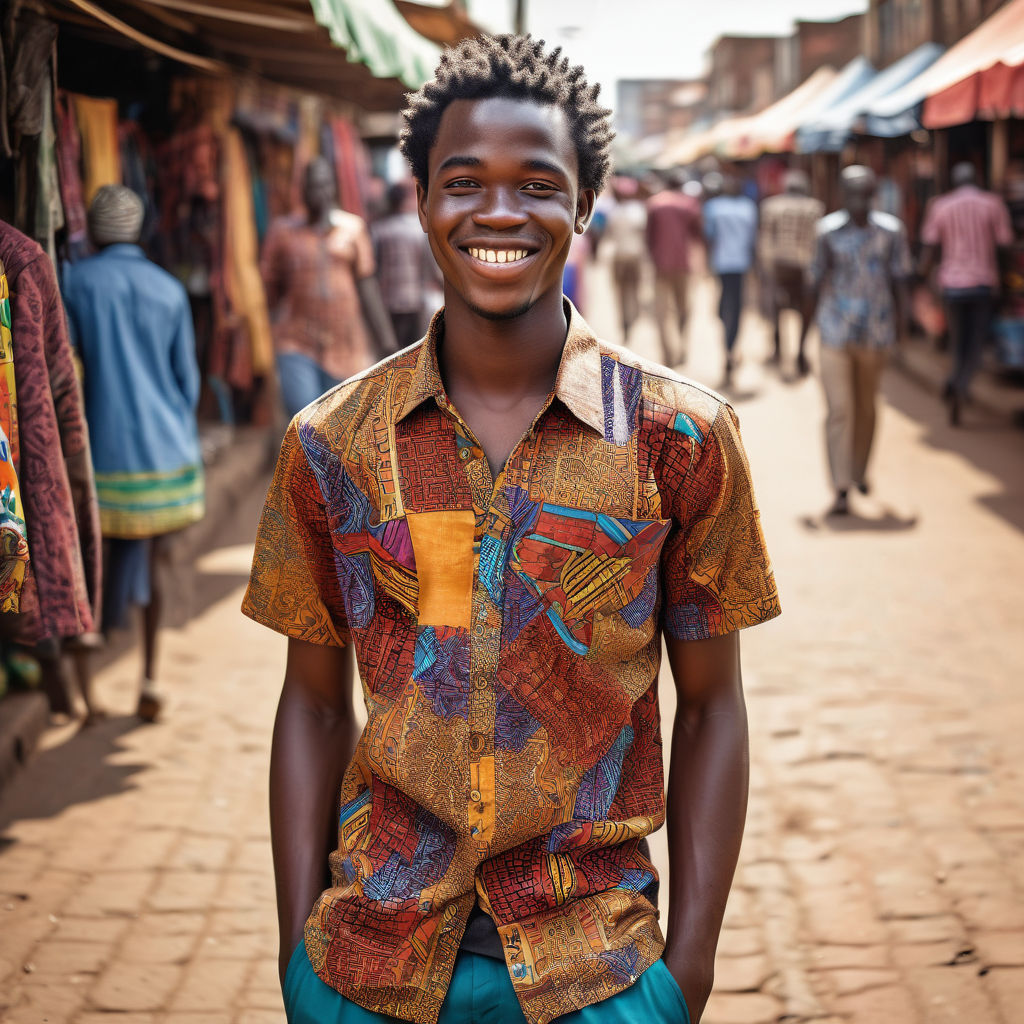 a young Malawian man in his mid-20s. He has short, curly black hair and a warm smile. His outfit reflects modern Malawian fashion: he is wearing a traditional chitenge shirt with vibrant patterns, paired with casual trousers and leather sandals. The background features a lively Malawian street with bustling markets and traditional architecture, capturing the essence of Malawian culture and style.