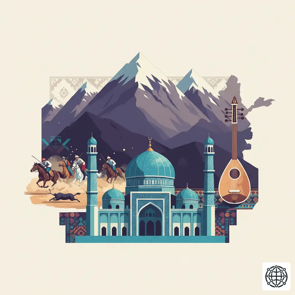 A stylized, modern illustration of Afghanistan, featuring the Blue Mosque of Mazar-i-Sharif, the Hindu Kush mountains, a game of Buzkashi, and a traditional Rubab instrument.