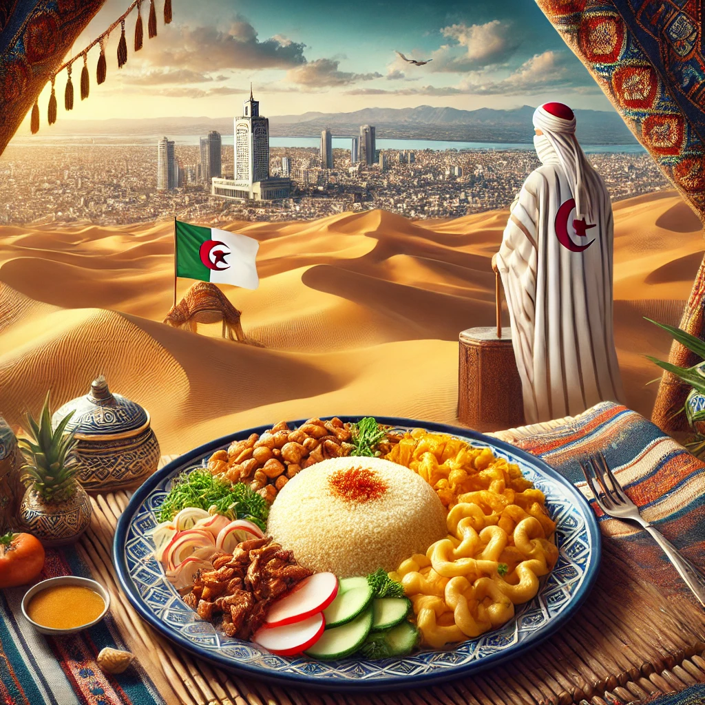 An image of Algeria's culture, such as a plate of couscous, traditional haik clothing, and a backdrop of the Sahara Desert with Algiers' skyline in the distance.