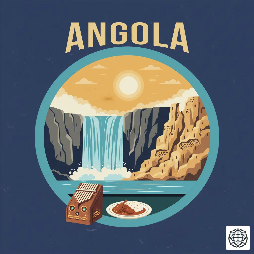 A stylized, modern illustration of Angola, featuring the Kalandula Falls, the Miradouro da Lua viewpoint, a traditional Kissange instrument, and a plate of Muamba de Galinha.