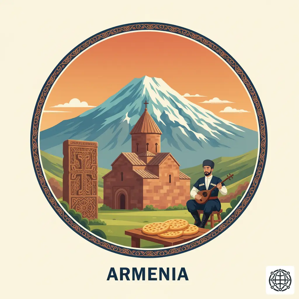 A stylized, modern illustration of Armenia, featuring the Khor Virap monastery with Mount Ararat in the background, a traditional khachkar cross-stone, a musician playing the duduk, and freshly baked lavash bread.