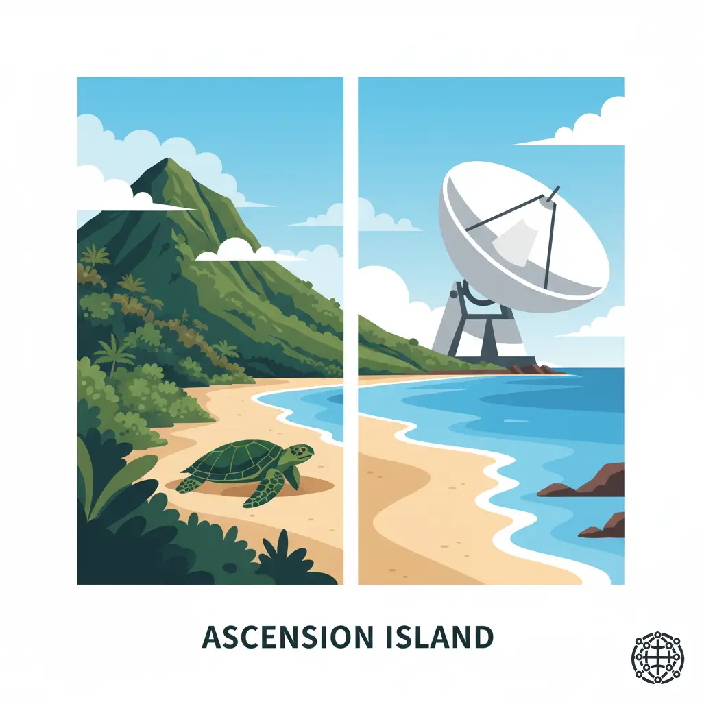 A stylized, modern illustration of Ascension Island, featuring the Green Mountain cloud forest, a green sea turtle nesting on the beach, and a satellite dish representing its role as a communications hub.