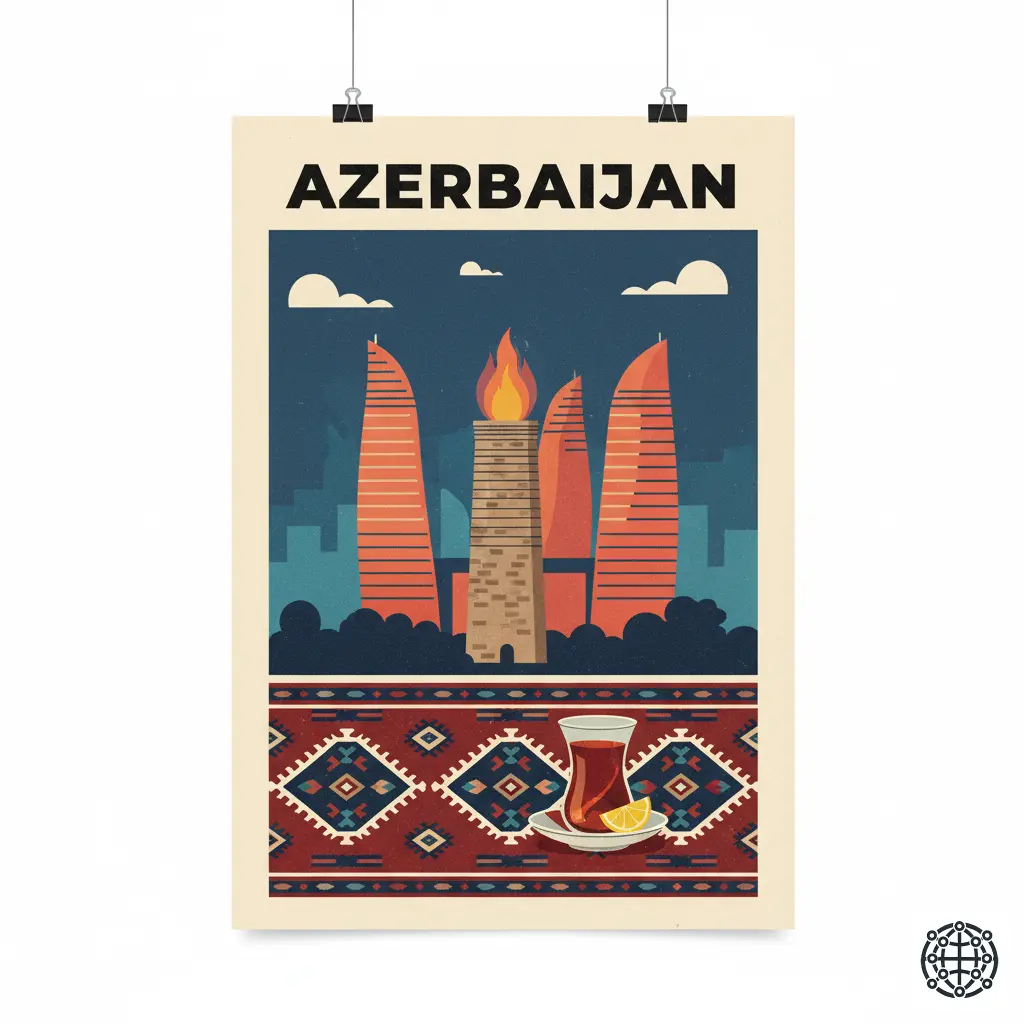 A stylized, modern illustration of Azerbaijan, featuring the Flame Towers in Baku, the Maiden Tower, a traditional carpet pattern, and a glass of armudu tea.