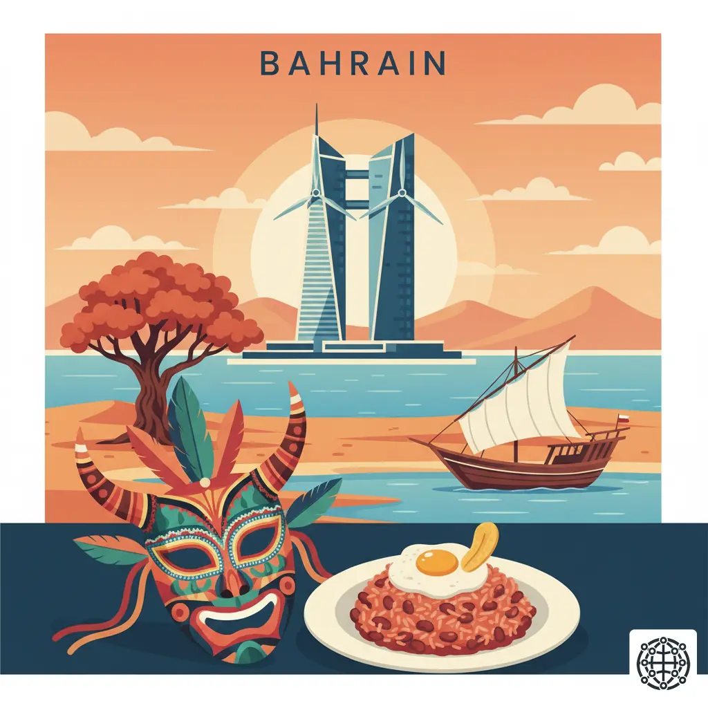 A stylized, modern illustration of Bahrain, featuring the Bahrain World Trade Center with its wind turbines, the ancient Tree of Life, a traditional dhow boat used for pearling, and a plate of Machboos.