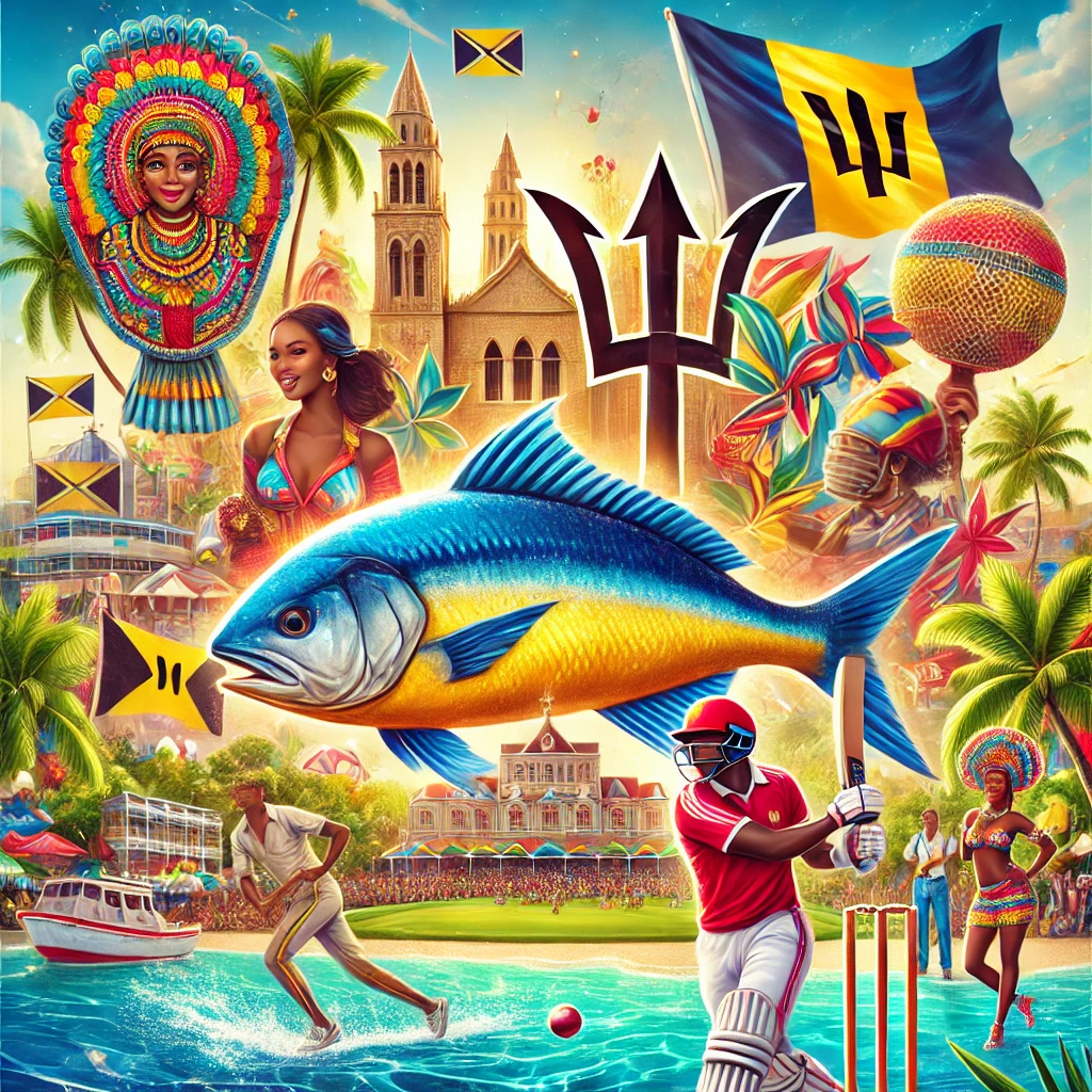 A colorful image showcasing Barbados' iconic Bridgetown, traditional Flying Fish and Cou-Cou dish, cricket players, and vibrant festival scenes from Crop Over, all set against the backdrop of the Caribbean Sea.