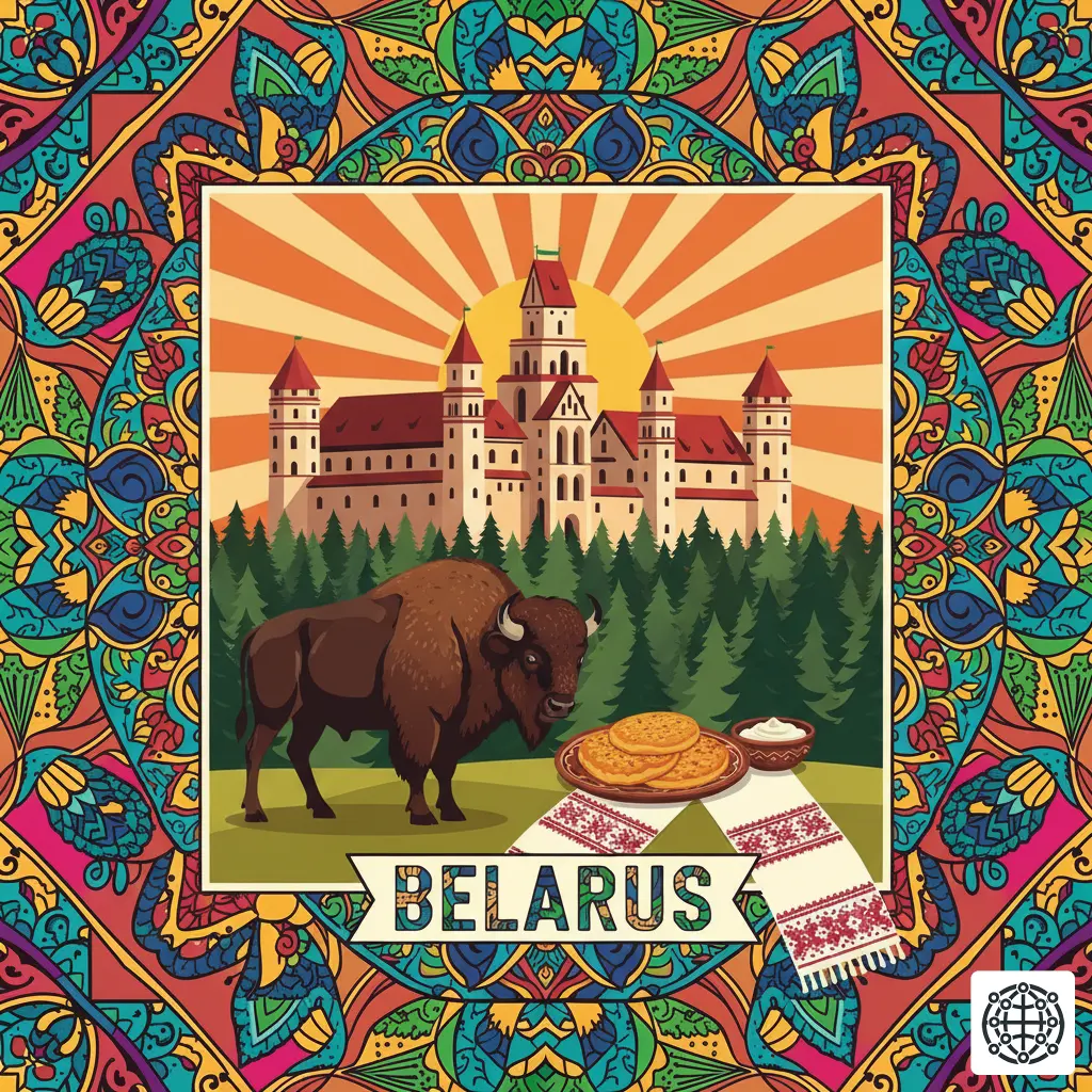 A stylized, modern illustration of Belarus, featuring the Mir Castle Complex, a European Bison in a forest, a traditional Rushnyk embroidered cloth, and a plate of Draniki (potato pancakes).