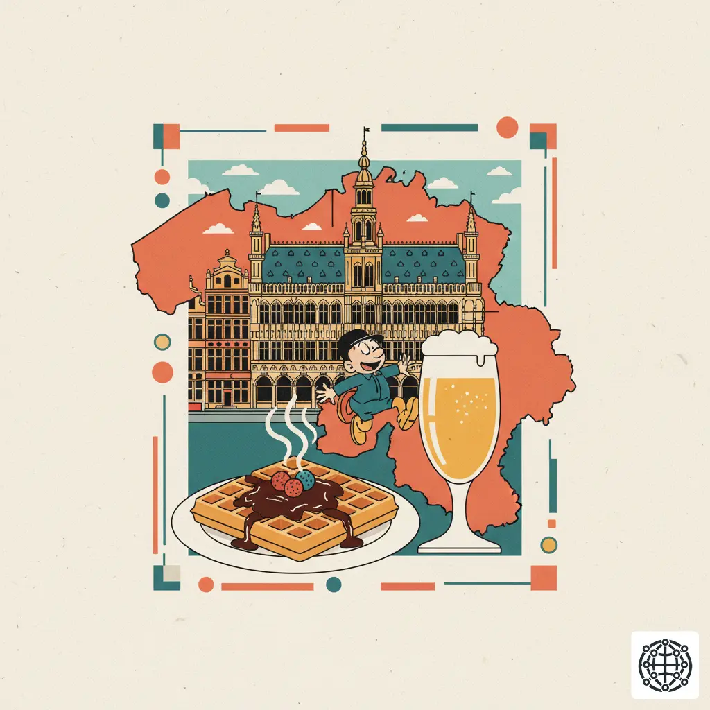 A stylized, modern illustration of Belgium, featuring the Grand-Place in Brussels, a plate of waffles with chocolate, a comic strip character, and a glass of Belgian beer.
