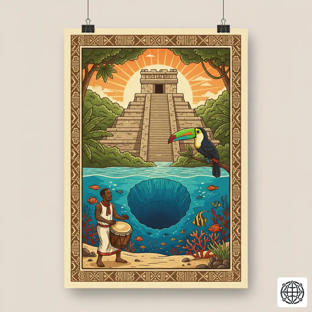 A stylized, modern illustration of Belize, featuring the Great Blue Hole, the Xunantunich Mayan ruins, a keel-billed toucan, and a Garifuna drummer.