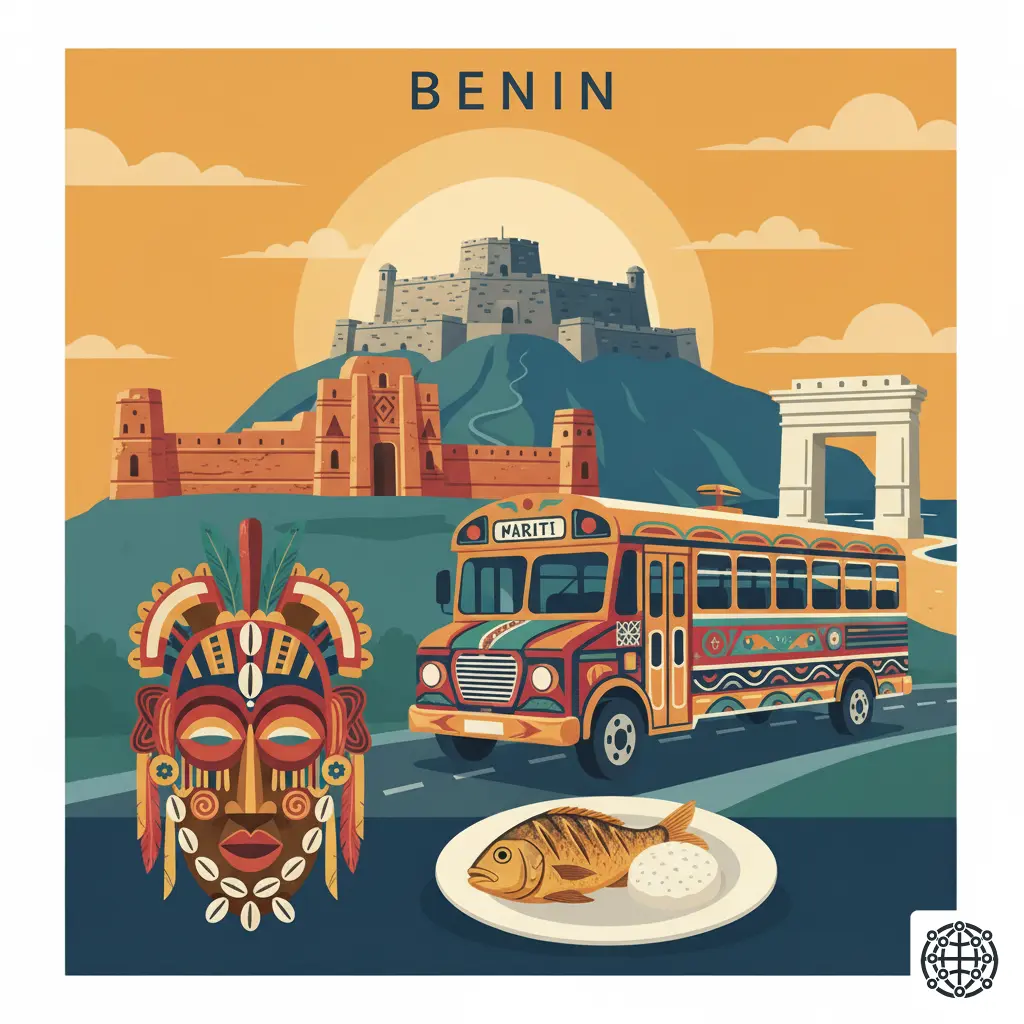 A stylized, modern illustration of Benin, featuring the Royal Palaces of Abomey, the Gate of No Return in Ouidah, a traditional Vodun mask, and a plate of grilled fish with Akassa.