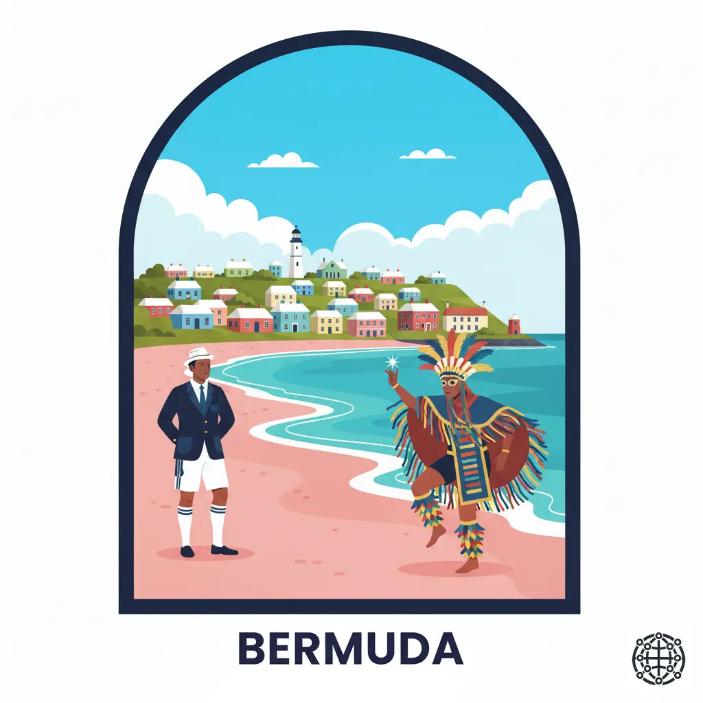 A stylized, modern illustration of Bermuda, featuring a pink sand beach, a traditional Gombey dancer, a man in Bermuda shorts, and the historic town of St. George's.