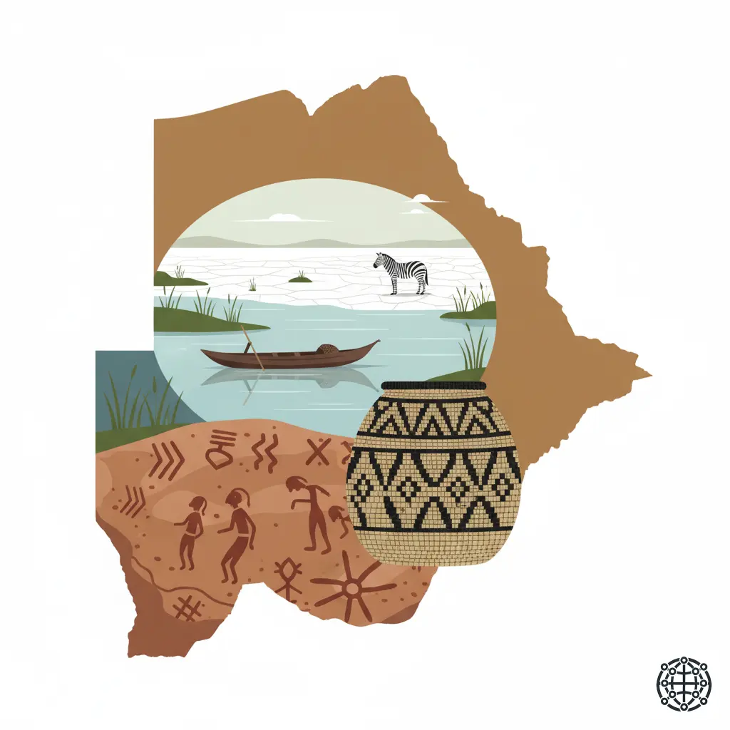 A stylized, modern illustration of Botswana, featuring a mokoro dugout canoe in the Okavango Delta, a San rock painting, a zebra on the Makgadikgadi Pans, and a traditional woven basket.