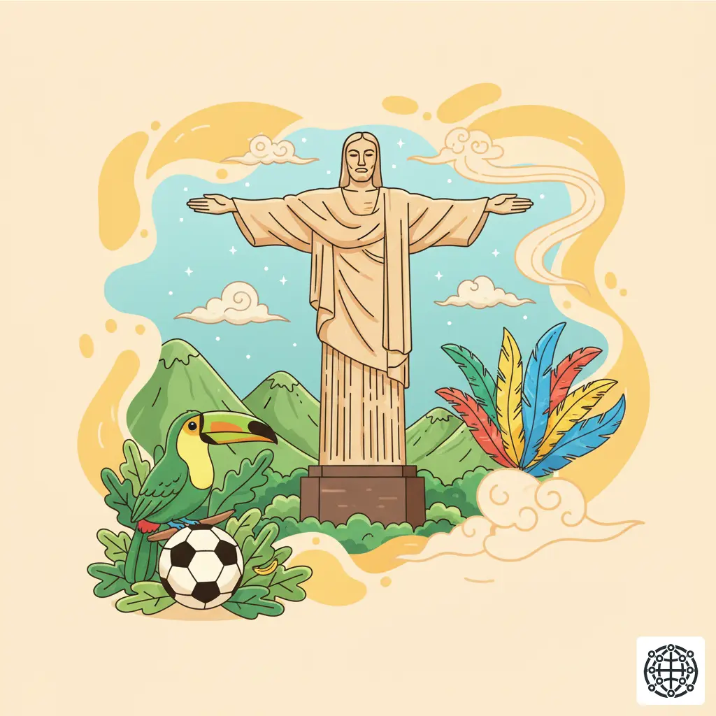 A stylized, modern illustration of Brazil, featuring Christ the Redeemer, a toucan in the Amazon rainforest, a soccer ball, and carnival feathers.