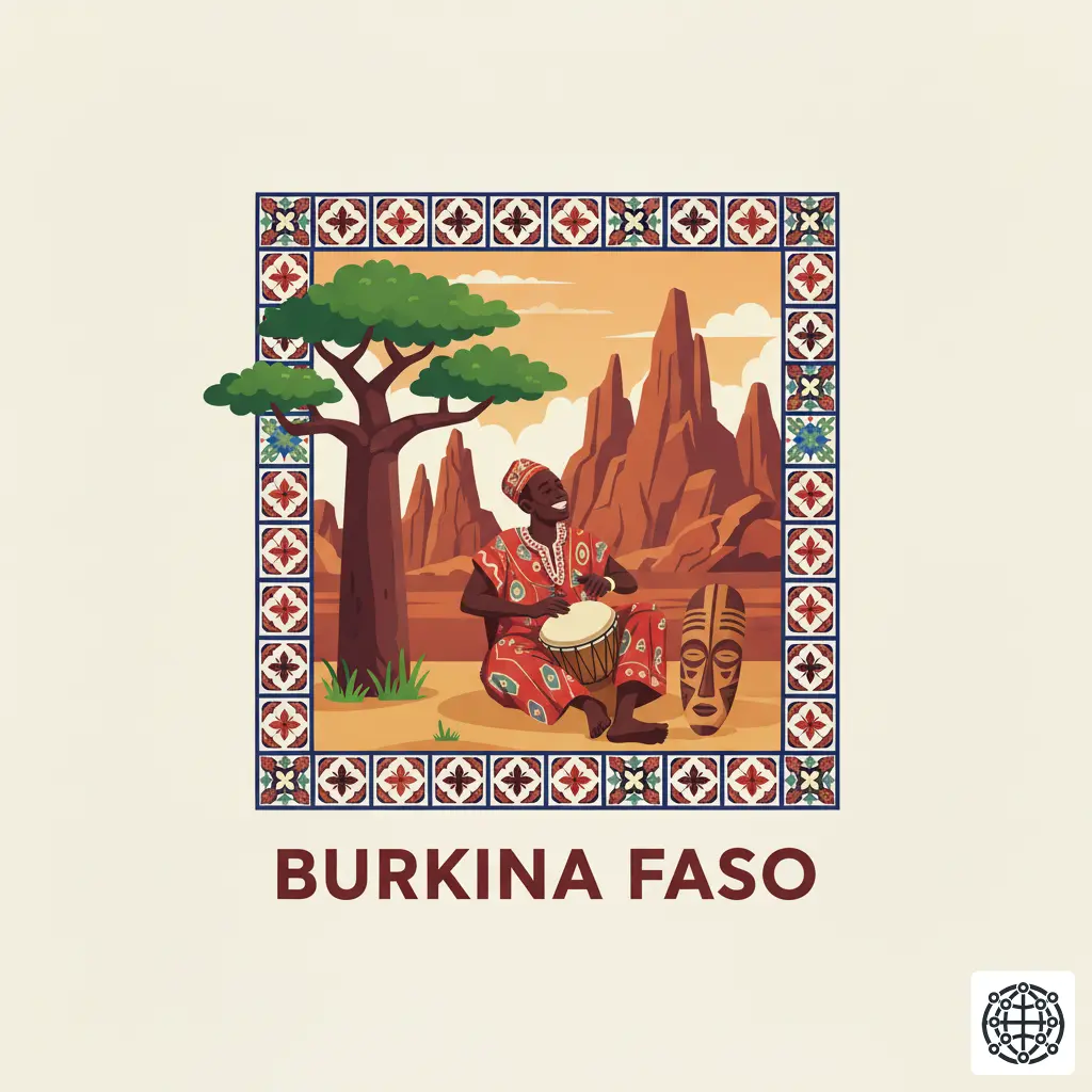 A stylized, modern illustration of Burkina Faso, featuring the Sindou Peaks, a traditional Mossi mask, a musician playing a djembe, and a baobab tree.