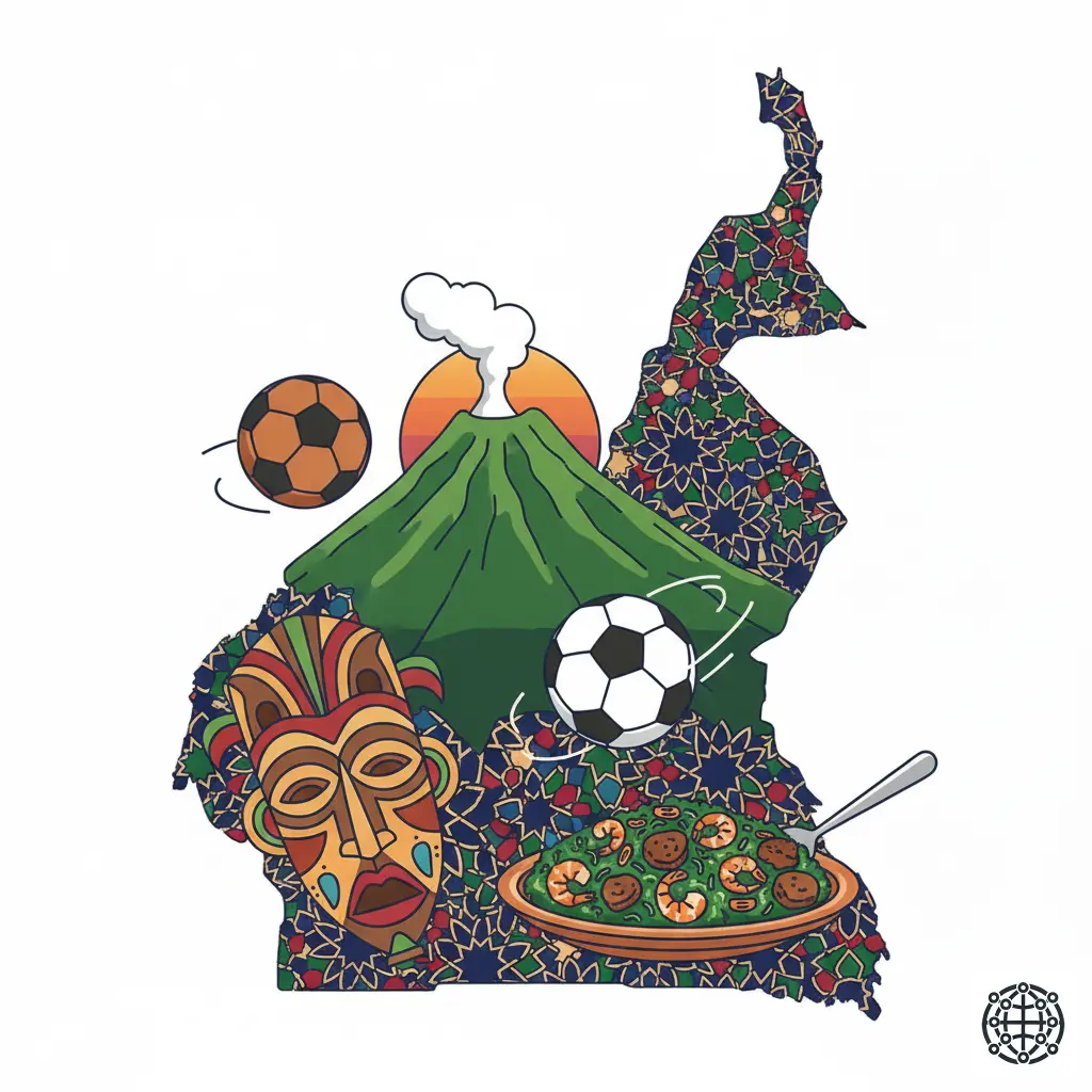 A stylized, modern illustration of Cameroon, featuring Mount Cameroon, a traditional mask, a football, and a plate of Ndolé.
