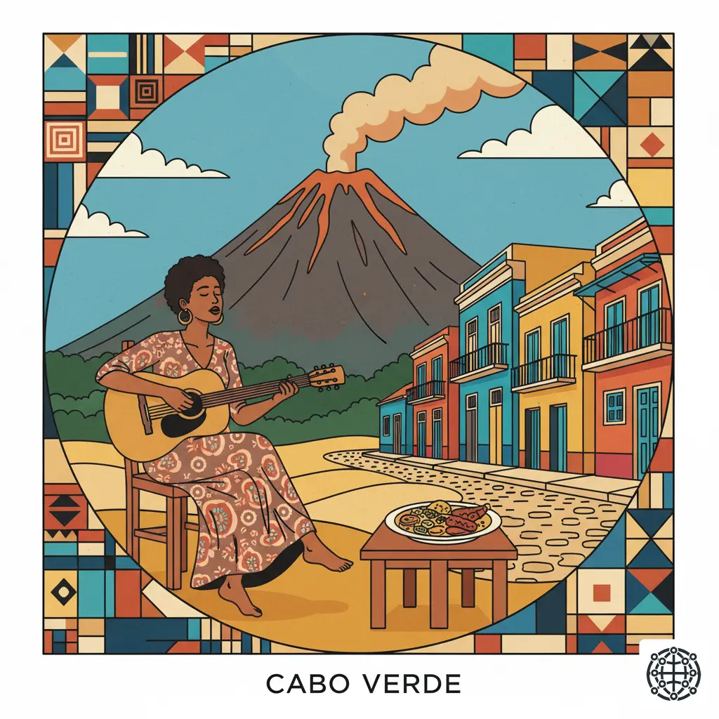 A stylized, modern illustration of Cape Verde, featuring the Pico do Fogo volcano, a musician playing a guitar in the style of Cesária Évora, a colorful colonial street, and a plate of Cachupa.