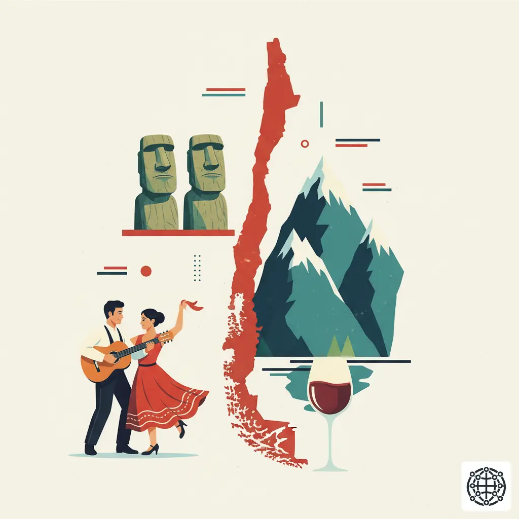 A stylized, modern illustration of Chile, featuring the Moai statues of Easter Island, the Andes mountains, a glass of Chilean wine, and a couple dancing the Cueca.