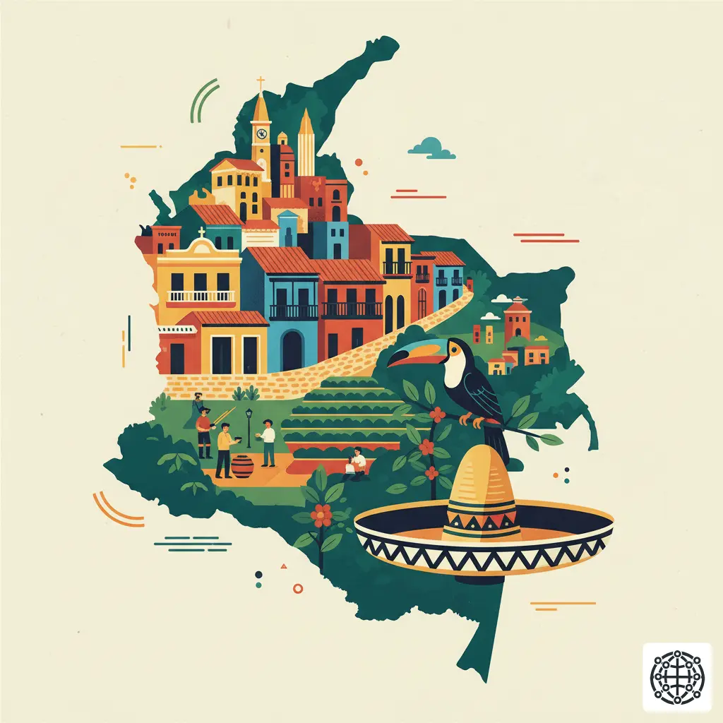 A stylized, modern illustration of Colombia, featuring the colorful buildings of Cartagena, a coffee plantation, a toucan, and a traditional sombrero.