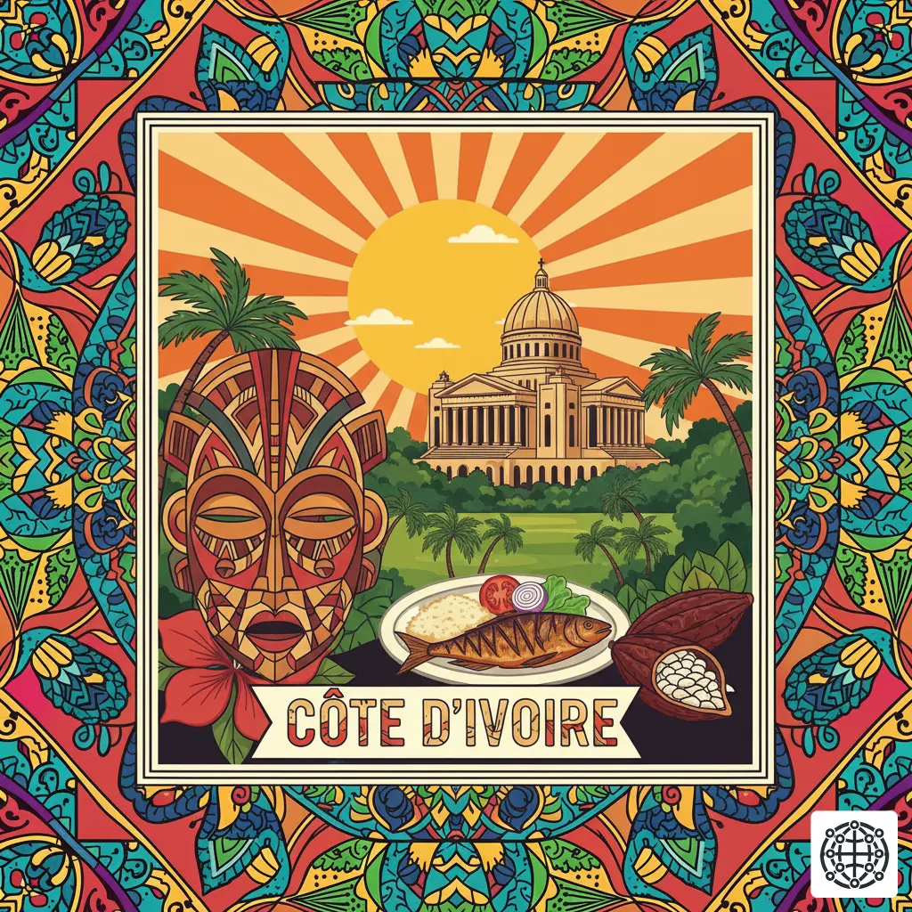 A stylized, modern illustration of Côte d'Ivoire, featuring the Basilica of Our Lady of Peace, a traditional mask, a plate of Attiéké with fish, and a cocoa pod.