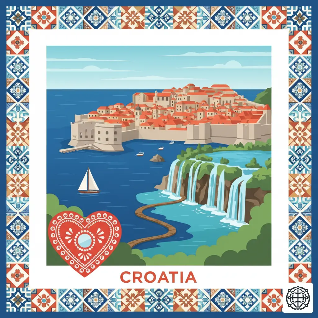 A stylized, modern illustration of Croatia, featuring the city walls of Dubrovnik, the Plitvice Lakes waterfalls, a traditional Licitar heart, and a sailboat on the Adriatic.
