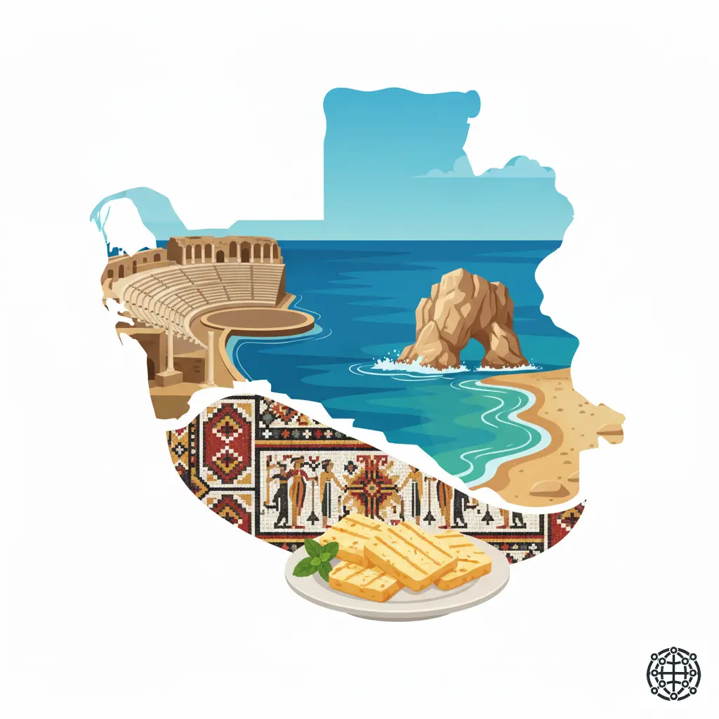 A stylized, modern illustration of Cyprus, featuring the ancient theatre of Kourion overlooking the sea, a plate of grilled halloumi cheese, the legendary Aphrodite's Rock, and a traditional Cypriot mosaic pattern.