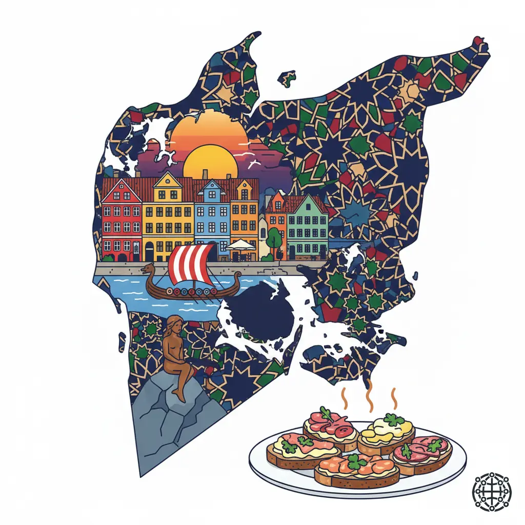 A stylized, modern illustration of Denmark, featuring the colorful harbor of Nyhavn, the Little Mermaid statue, a Viking ship, and a plate of smørrebrød.