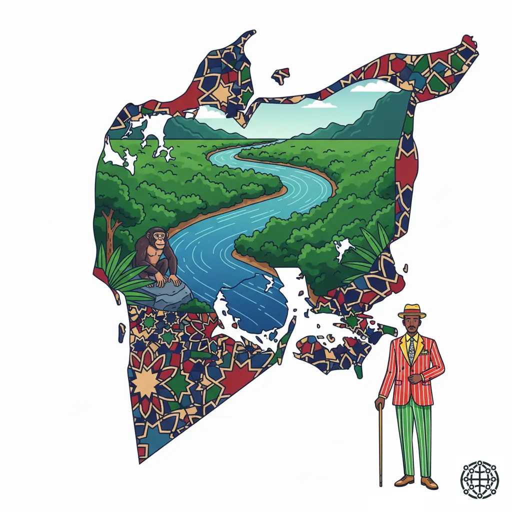 A stylized, modern illustration of the Democratic Republic of Congo, featuring the Congo River, a Bonobo, a Sapeur in elegant dress, and traditional Kuba textiles.