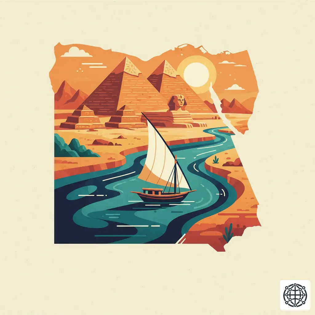 A vibrant, stylized image of Egypt, featuring the Pyramids of Giza, the Sphinx, and a felucca on the Nile, in a cheerful and modern illustrative style.