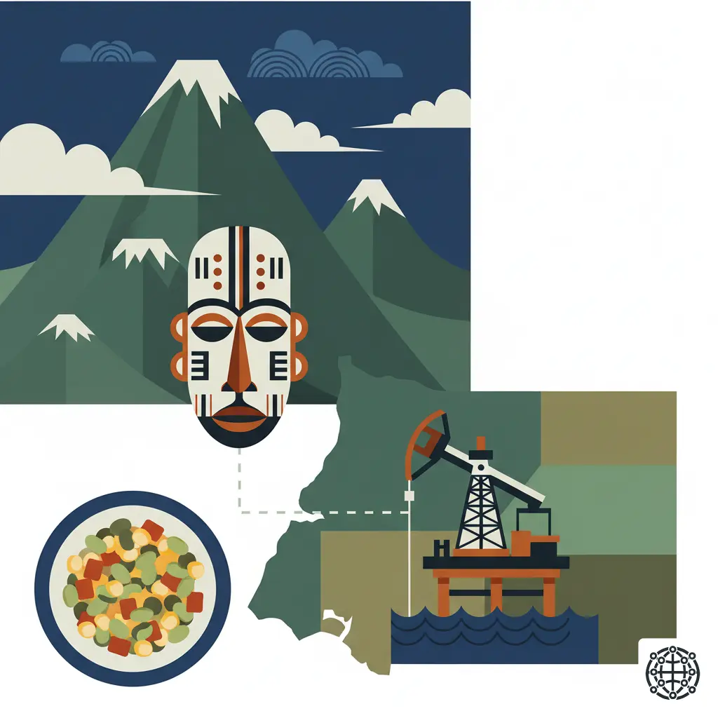 A stylized, modern illustration of Equatorial Guinea, featuring the volcanic peaks of Bioko Island, a traditional Fang mask, an offshore oil platform, and a plate of succotash.