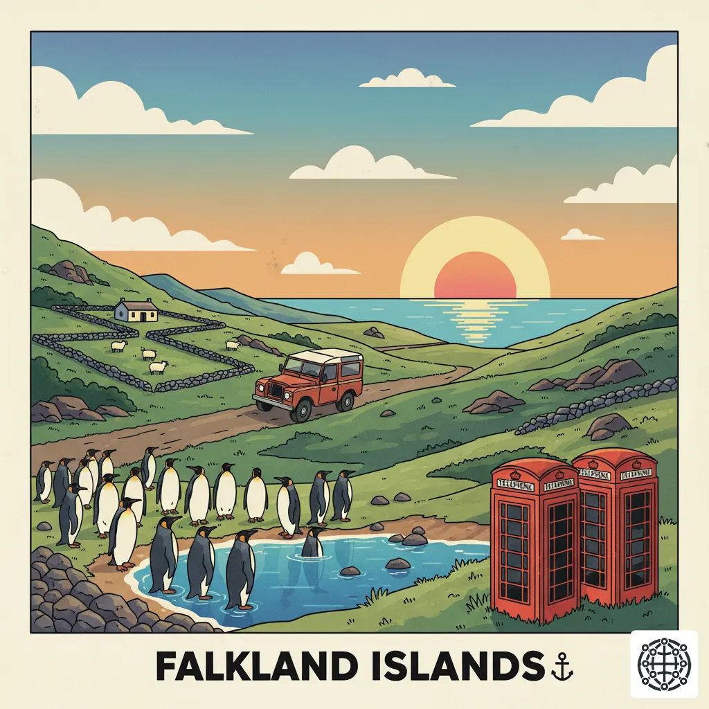 A stylized, modern illustration of the Falkland Islands, featuring a colony of penguins, a traditional Land Rover on a peat track, a sheep farm, and the iconic red phone boxes of Stanley.