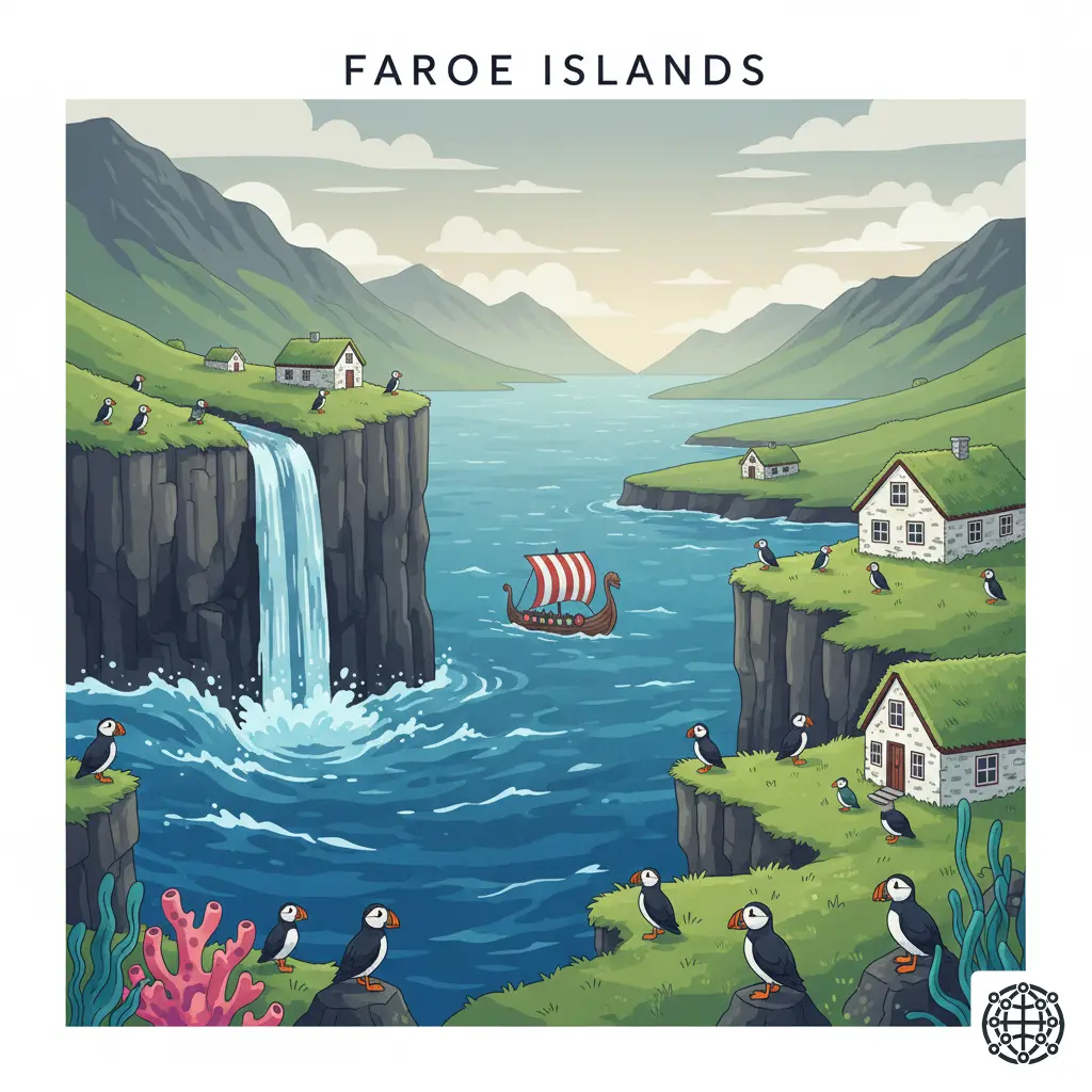 A stylized, modern illustration of the Faroe Islands, featuring the Múlafossur waterfall, a puffin on a cliff, a traditional turf-roofed house, and a Viking longship.