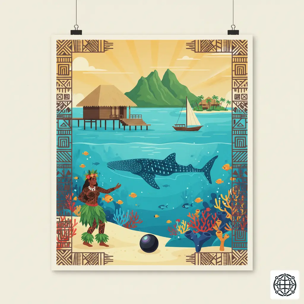 A stylized, modern illustration of French Polynesia, featuring an overwater bungalow in Bora Bora, a traditional 'tatau' tattoo pattern, a black pearl, and a dancer performing the 'Ori Tahiti.