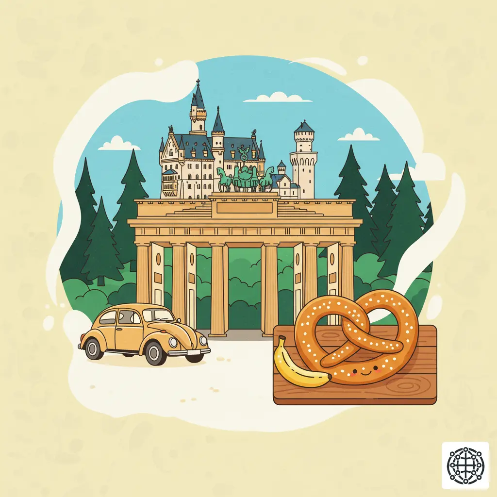 A stylized, modern illustration of Germany, featuring the Brandenburg Gate, a castle in the Black Forest, a classic German car, and a pretzel.