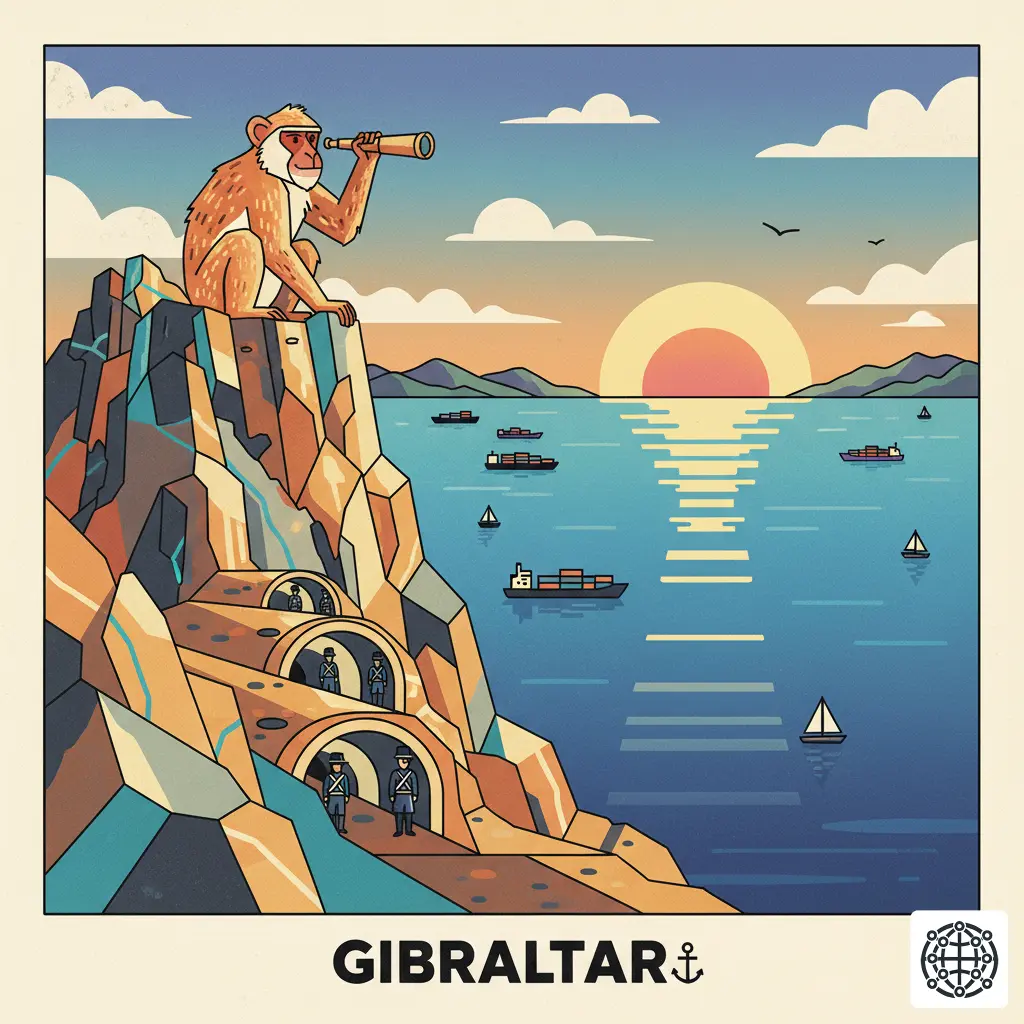 A stylized, modern illustration of Gibraltar, featuring the Rock of Gibraltar, a Barbary macaque, the Great Siege Tunnels, and a view of the Strait of Gibraltar.