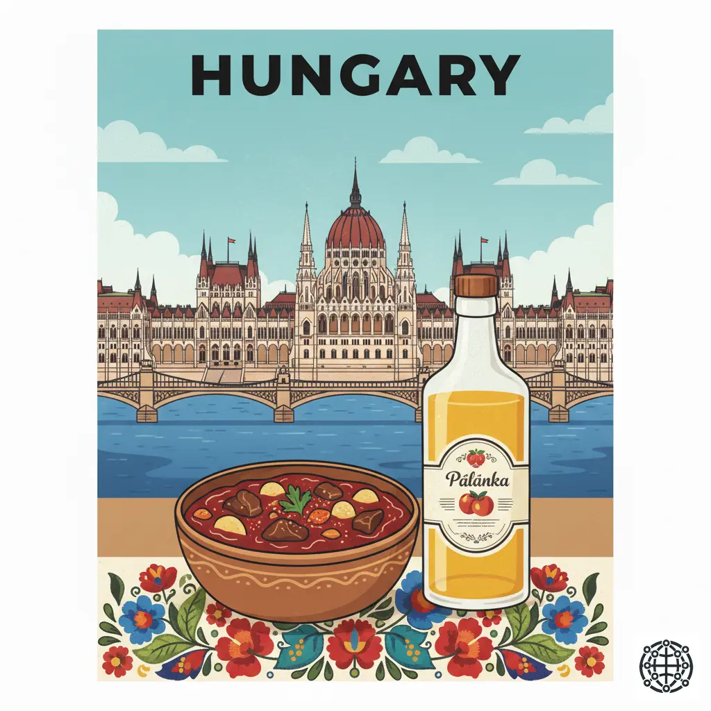 A stylized, modern illustration of Hungary, featuring the Hungarian Parliament Building in Budapest, a bowl of goulash, a bottle of Pálinka, and traditional folk embroidery.