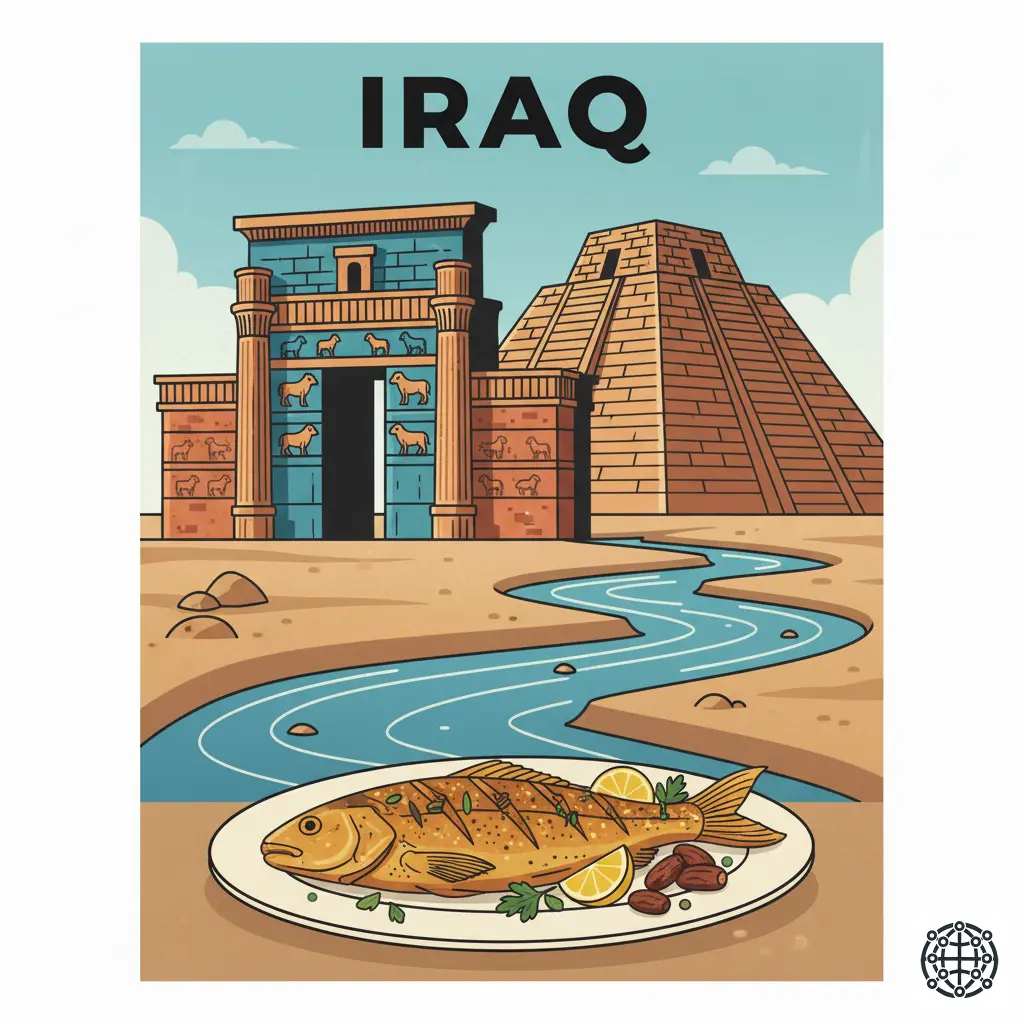A stylized, modern illustration of Iraq, featuring the Ishtar Gate of Babylon, the Great Ziggurat of Ur, the Tigris river, and a plate of Masgouf.