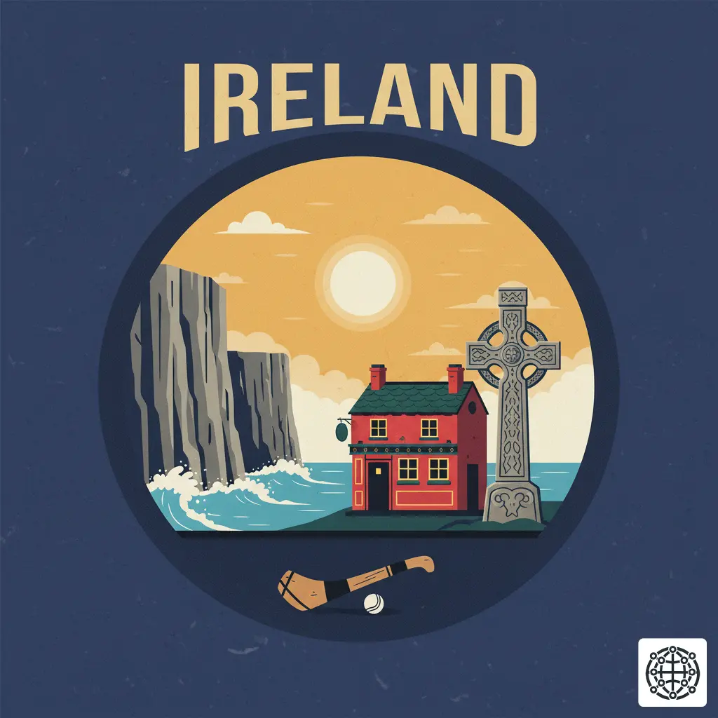 A stylized, modern illustration of Ireland, featuring the Cliffs of Moher, a traditional Irish pub, a Celtic cross, and a hurley and sliotar.