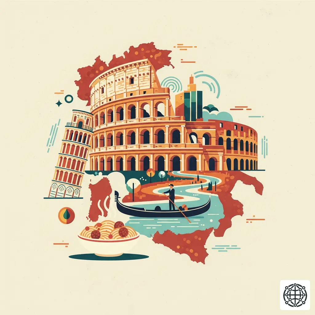 A stylized, modern illustration of Italy, featuring the Colosseum, the Leaning Tower of Pisa, a gondola in Venice, and a plate of pasta.