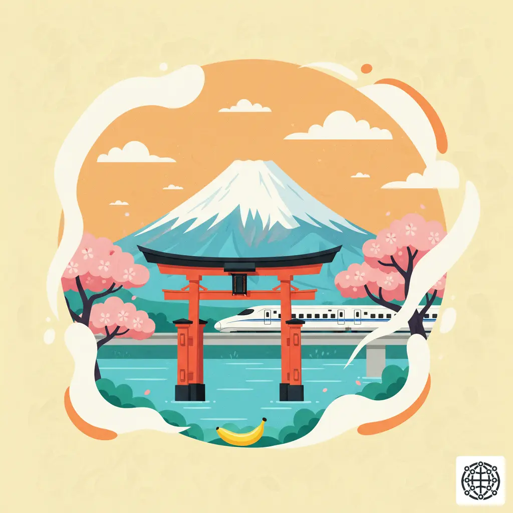 A stylized, modern illustration of Japan, featuring Mount Fuji, a Torii gate, cherry blossoms, and a Shinkansen bullet train.