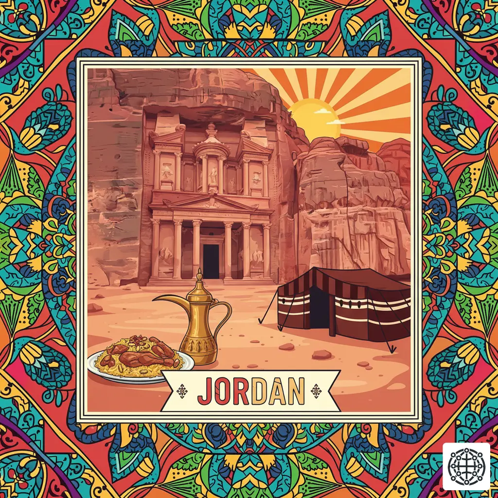 A stylized, modern illustration of Jordan, featuring the Treasury at Petra, a Bedouin tent in Wadi Rum, a plate of Mansaf, and a traditional coffee pot.
