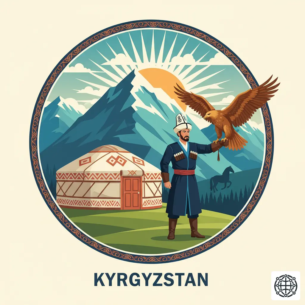 A stylized, modern illustration of Kyrgyzstan, featuring the Tian Shan mountains, a traditional yurt, a man wearing a Kalpak hat, and an eagle for hunting.