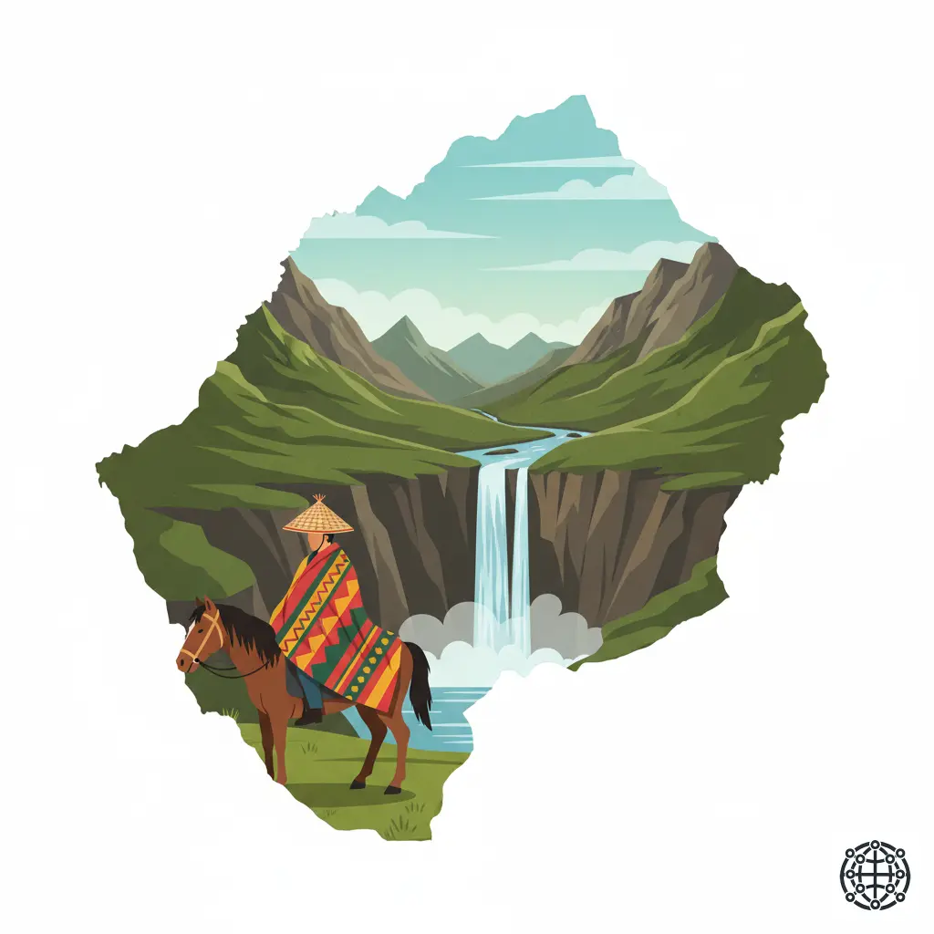 A stylized, modern illustration of Lesotho, featuring a Basotho herdsman on a pony wearing a traditional blanket, the Maletsunyane Falls, a Mokorotlo hat, and the mountainous landscape.