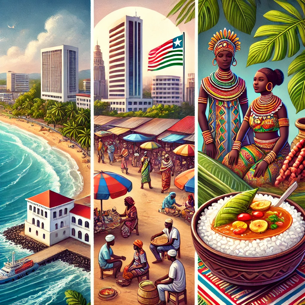 An illustration of Monrovia’s cityscape with its coastline, a traditional Liberian market, people performing the Bassa Dance in colorful attire, and a close-up of a bowl of Cassava Leaf Stew.