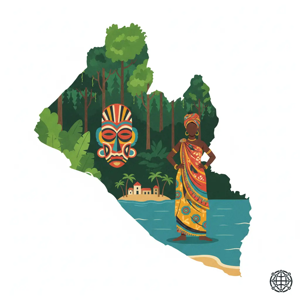 A stylized, modern illustration of Liberia, featuring the Sapo National Park rainforest, a woman wearing a colorful lappa, a traditional mask, and the Providence Island.