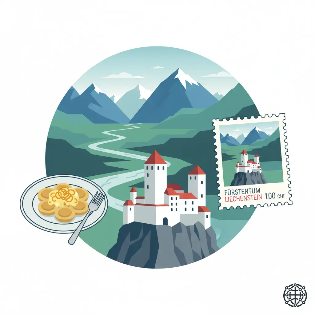 A stylized, modern illustration of Liechtenstein, featuring Vaduz Castle overlooking the Rhine Valley, the Alps, a plate of Käsknöpfle, and a postage stamp design.